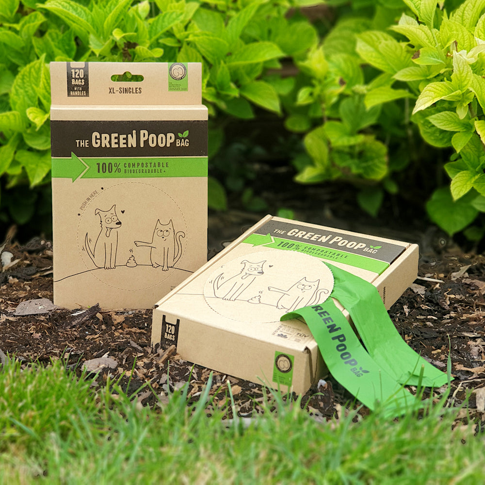 PLASTIC-FREE XL-SINGLES poo bags with HANDLES – The GREEN POOP BAG